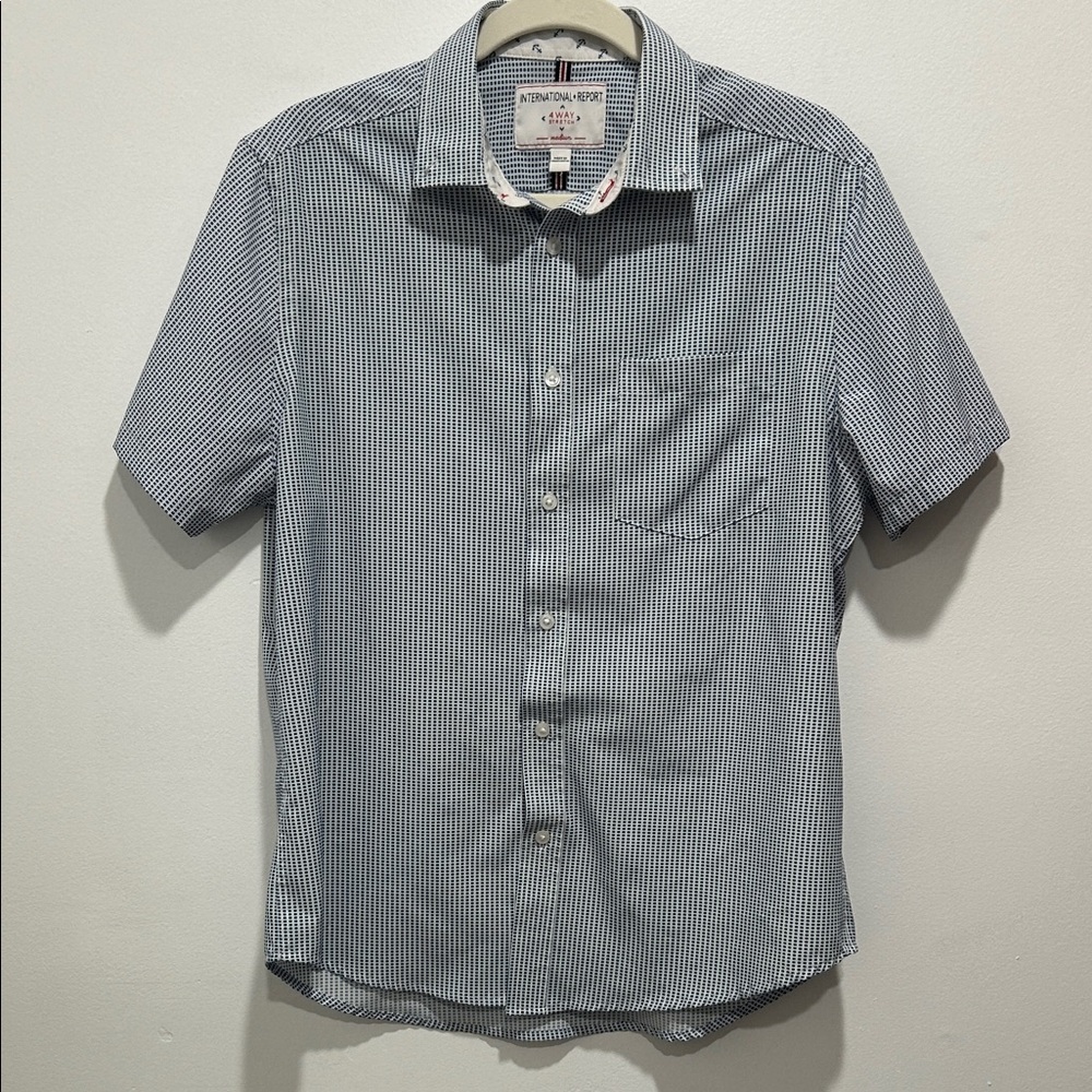 Short-Sleeve Micro-Check Button-Down Shirt in Navy by International Concepts